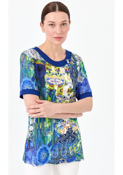 Kadın Sıfır Yaka Karışık Desenli Penye T-Shirt Saks modelleri