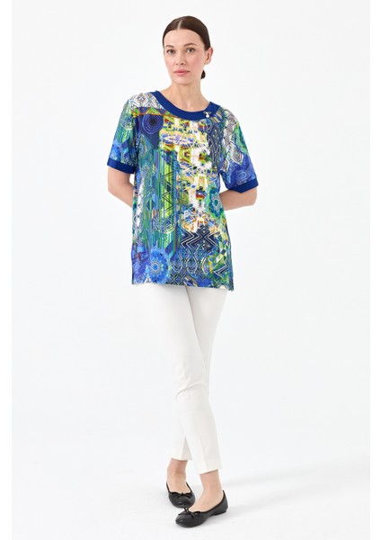 Kadın Sıfır Yaka Karışık Desenli Penye T-Shirt Saks fırsatları