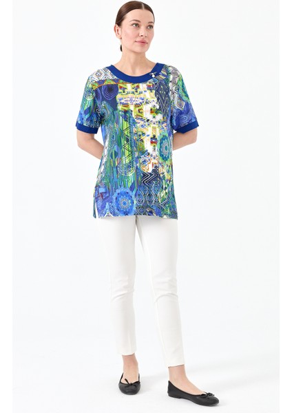 Kadın Sıfır Yaka Karışık Desenli Penye T-Shirt Saks indirimleri