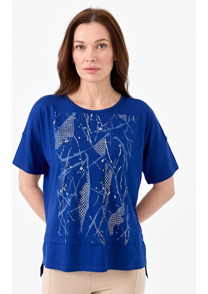 Kadın Sıfır Yaka Önü File Baskılı Penye T-Shirt Saks