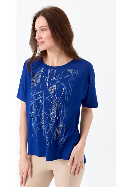 Kadın Sıfır Yaka Önü File Baskılı Penye T-Shirt Saks