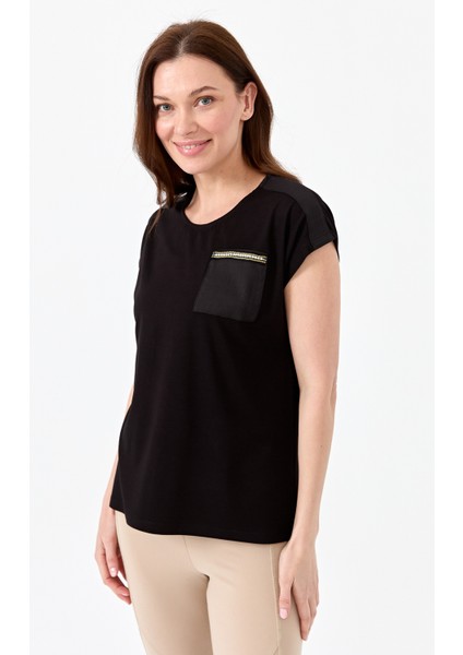 Kadın Sıfır Yaka Düşük Kol Simli Penye T-Shirt Siyah