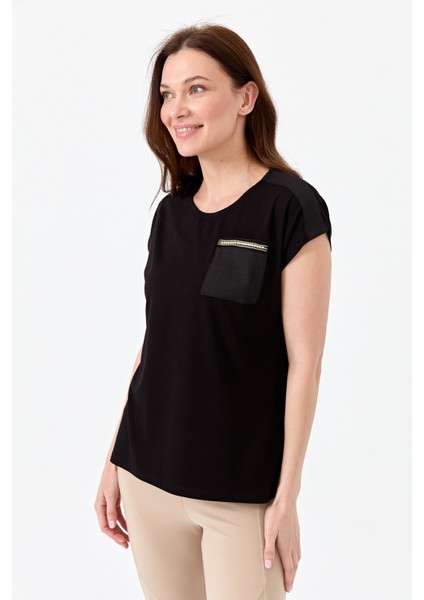 Kadın Sıfır Yaka Düşük Kol Simli Penye T-Shirt Siyah