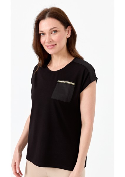 Kadın Sıfır Yaka Düşük Kol Simli Penye T-Shirt Siyah