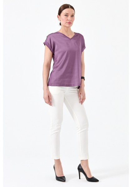 Kadın V Yaka Önü Saten Bluz Lavanta