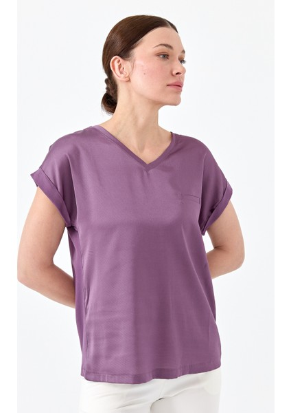 Kadın V Yaka Önü Saten Bluz Lavanta modelleri