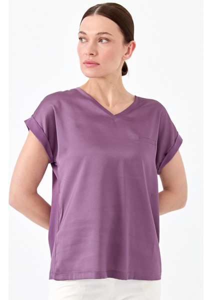 Kadın V Yaka Önü Saten Bluz Lavanta fırsatları