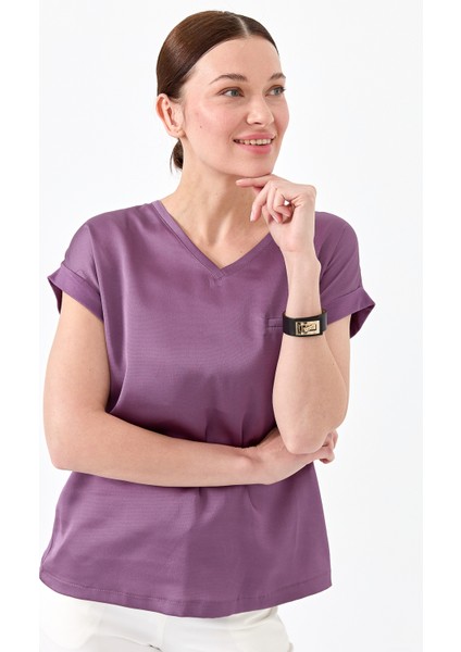 Kadın V Yaka Önü Saten Bluz Lavanta indirimleri