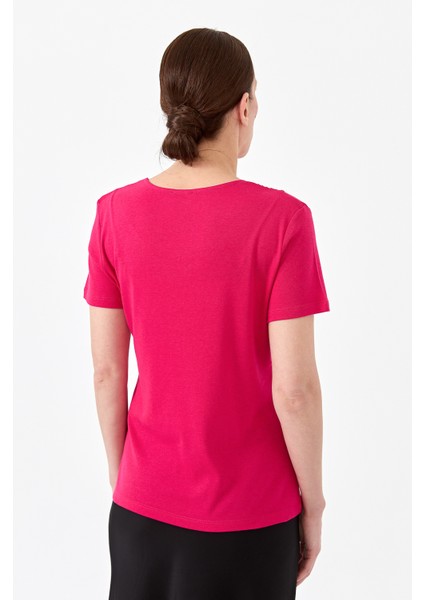 Kadın V Yaka Yakası Dantelli T-Shirt Fuşya indirimleri