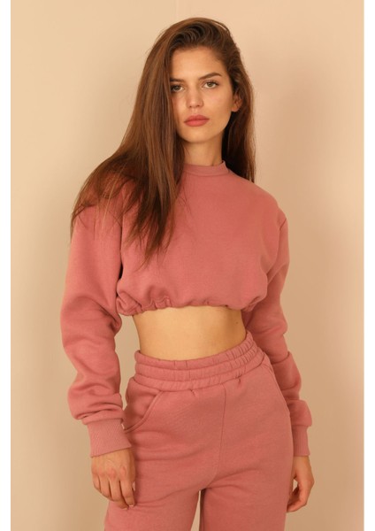 Şardonlu 3 Iplik Kumaş Uzun Kol Kadın Sweatshirt Pembe 23KEFT1