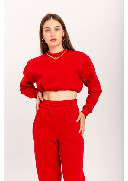 Şardonlu 3 Iplik Kumaş Uzun Kol Kadın Sweatshirt Kırmızı 23KEFT1 fiyatları