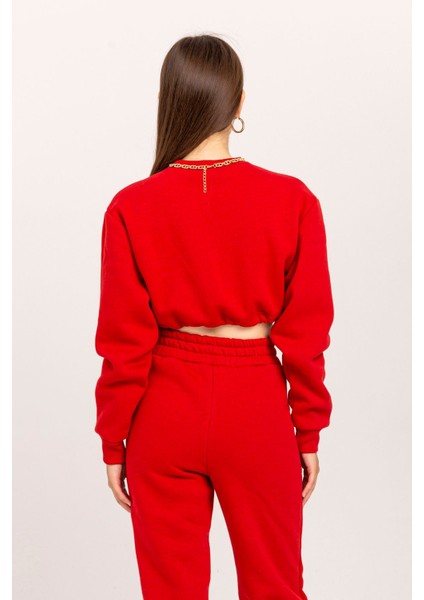 Şardonlu 3 Iplik Kumaş Uzun Kol Kadın Sweatshirt Kırmızı 23KEFT1 modelleri