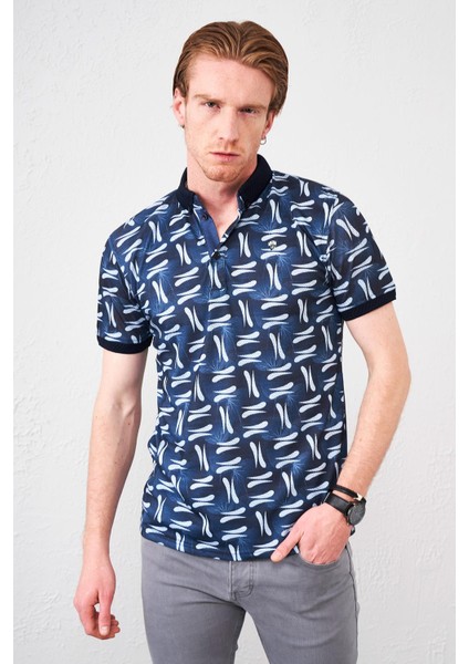 Tena Moda Erkek Lacivert Ayaklı Gömlek Yaka Pike Dijital Yaprak Baskılı Tişört