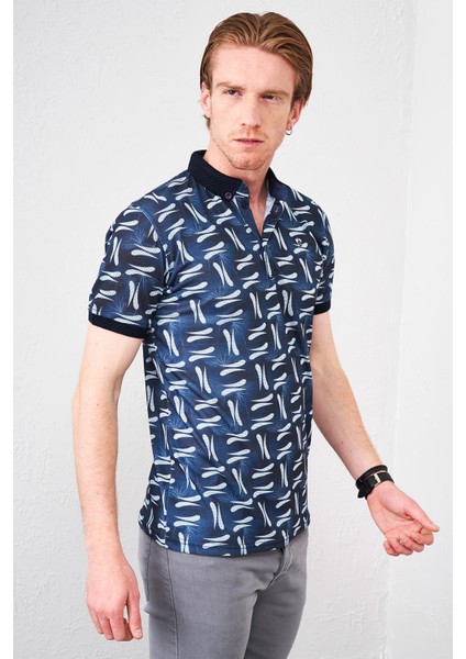 Tena Moda Erkek Lacivert Ayaklı Gömlek Yaka Pike Dijital Yaprak Baskılı Tişört fiyatları
