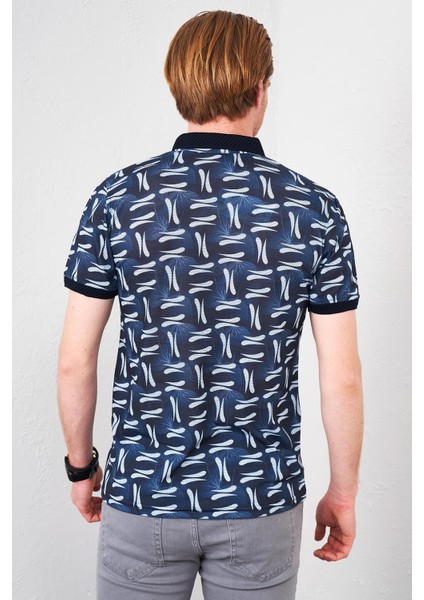 Tena Moda Erkek Lacivert Ayaklı Gömlek Yaka Pike Dijital Yaprak Baskılı Tişört indirimleri