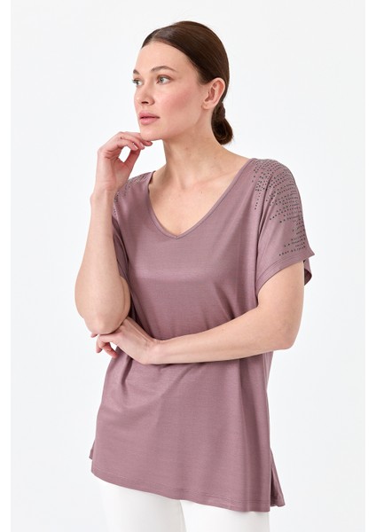 Kadın V Yaka Omuzları Taşlı Penye T-Shirt Mürdüm