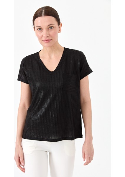 Kadın V Yaka Cepli Penye T-Shirt Siyah modelleri