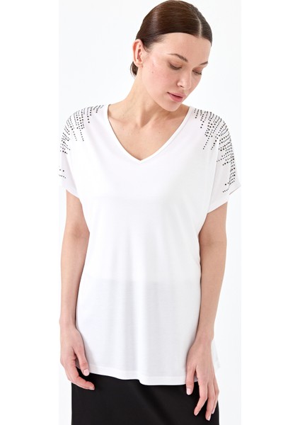 Kadın V Yaka Omuzları Taşlı Penye T-Shirt Beyaz modelleri
