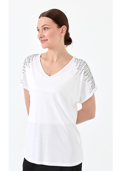 Kadın V Yaka Omuzları Taşlı Penye T-Shirt Beyaz indirimleri