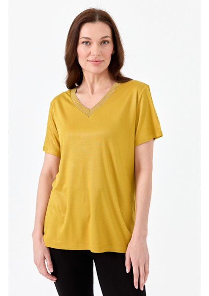 Kadın V Yaka Çizgili Penye T-Shirt Sarı