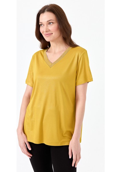 Kadın V Yaka Çizgili Penye T-Shirt Sarı indirimleri