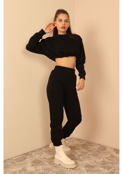 Şardonlu 3 Iplik Kumaş Uzun Kol Kadın Sweatshirt Siyah 23KEFT1