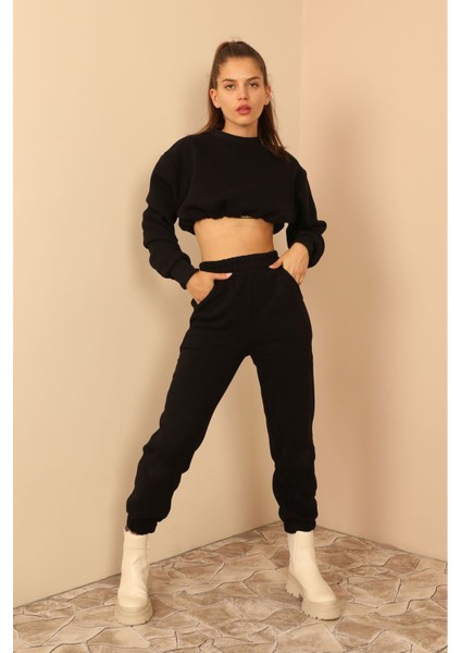Şardonlu 3 Iplik Kumaş Uzun Kol Kadın Sweatshirt Siyah 23KEFT1