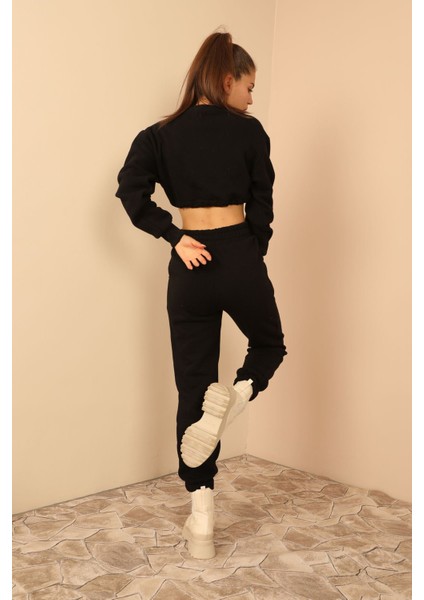 Şardonlu 3 Iplik Kumaş Uzun Kol Kadın Sweatshirt Siyah 23KEFT1