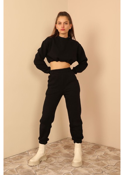 Şardonlu 3 Iplik Kumaş Uzun Kol Kadın Sweatshirt Siyah 23KEFT1