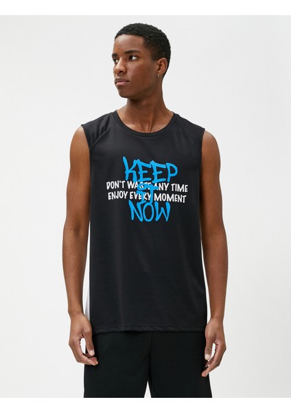 Spor Atlet Slogan Baskılı Bisiklet Yaka Kolsuz
