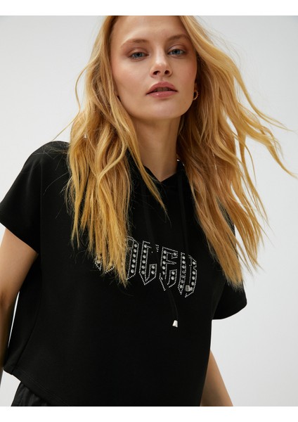 Crop Tişört Kapüşonlu Baskılı