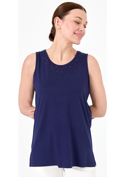 Kadın Sıfır Yaka Işlemeli Askılı Penye T-Shirt Lacivert fiyatları