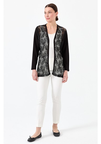 Kadın Sıfır Yaka Dantel Desenli Penye Ceket Siyah fiyatları