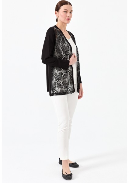 Kadın Sıfır Yaka Dantel Desenli Penye Ceket Siyah modelleri