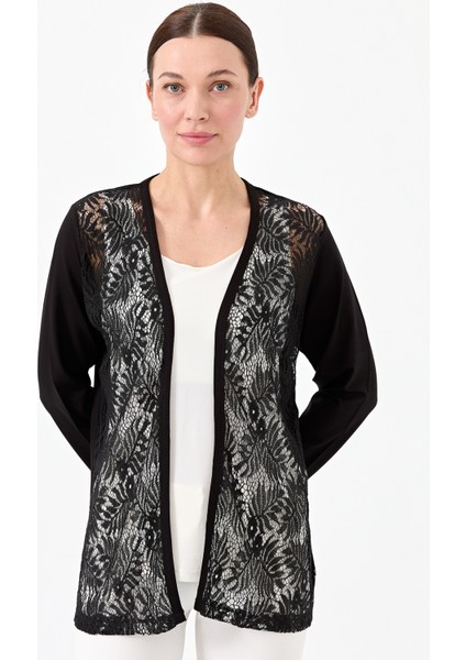 Kadın Sıfır Yaka Dantel Desenli Penye Ceket Siyah fırsatları