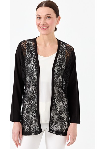 Kadın Sıfır Yaka Dantel Desenli Penye Ceket Siyah indirimleri