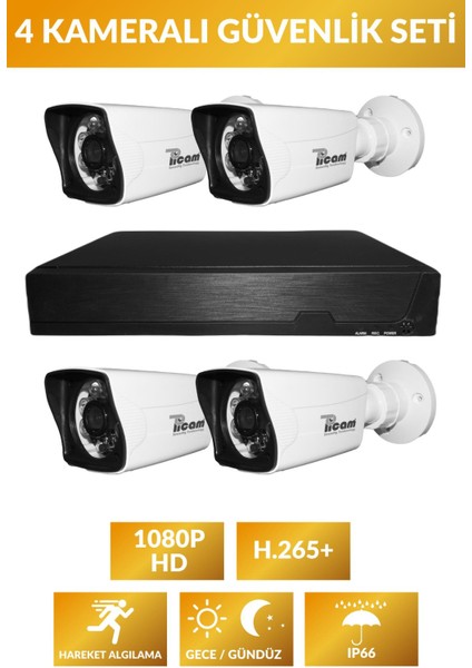 4 Kameralı Güvenlik Seti - 5 Mp Sony Lensli Full Hd 1080P 500 GB Hard Disk - Güvenlik Kamerası Sistemi - 4K - P03