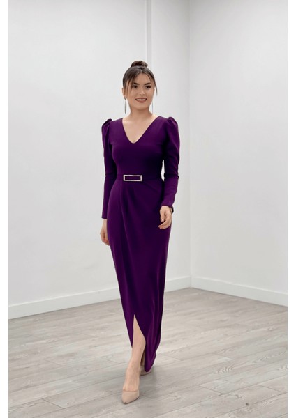 Krep Kumaş Pile Detaylı Elbise - Patlıcan Mor
