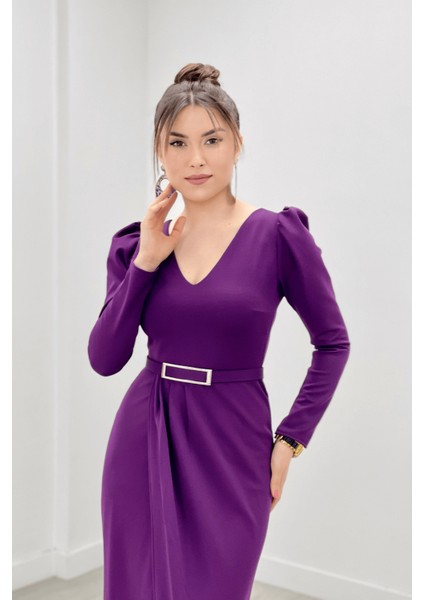 Krep Kumaş Pile Detaylı Elbise - Patlıcan Mor modelleri
