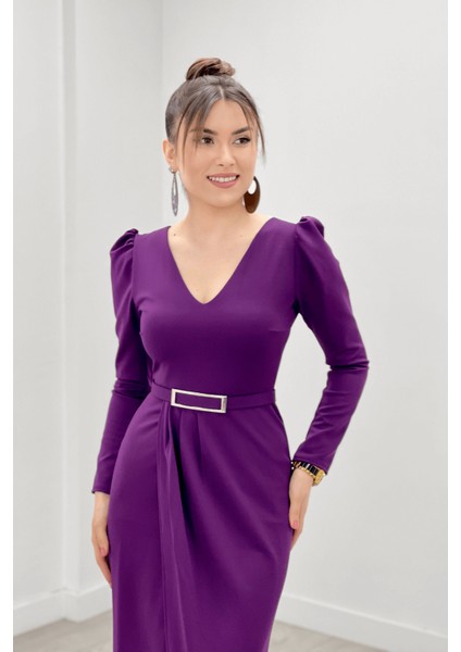 Krep Kumaş Pile Detaylı Elbise - Patlıcan Mor fırsatları