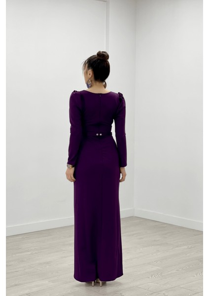 Krep Kumaş Pile Detaylı Elbise - Patlıcan Mor indirimleri