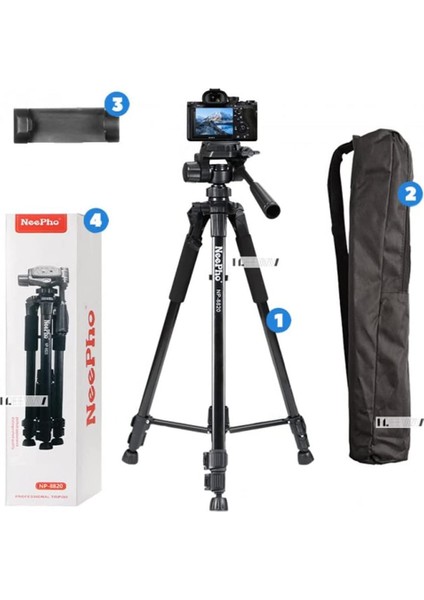 Neepho Tripod Aliminyum Gövdeli Profesyonel Telefon Tutucu Çantalı 150 cm Kamera Standı 3 Ayak