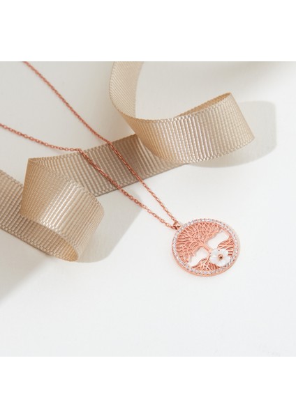 925 Ayar Manolya Çiçekli Rose Kaplama Yaşam Çiçeği Gümüş Kolye