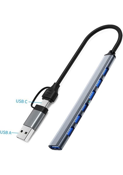 Coverzone Type-C USB 3.0 7 Portlu Hub Otg Çoğaltıcı Pc Telefon Bilgisayar Uyumlu Veri Aktarımı Mouse Klavye Bağlantısı ADS303D