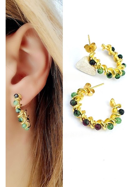 Yosun Agat Taşlı 925 Ayar Gümüş Üzerine Altın Kaplama Doğal Taş Halka Küpe