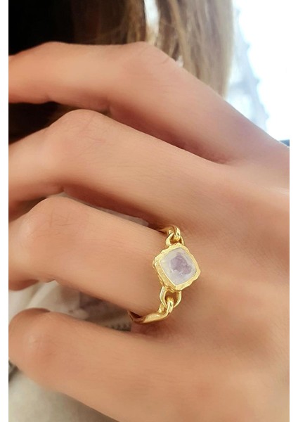 Ay Taşı 925AYAR Gümüş Üzerine Altın Kaplama Doğal Taş Yüzük