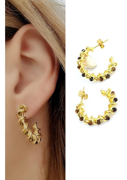 Kaplan Gözü Taşlı 925 Ayar Gümüş Üzerine Altın Kaplama Doğal Taş Halka Küpe