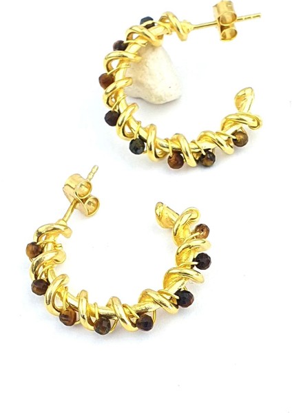 Kaplan Gözü Taşlı 925 Ayar Gümüş Üzerine Altın Kaplama Doğal Taş Halka Küpe fiyatları