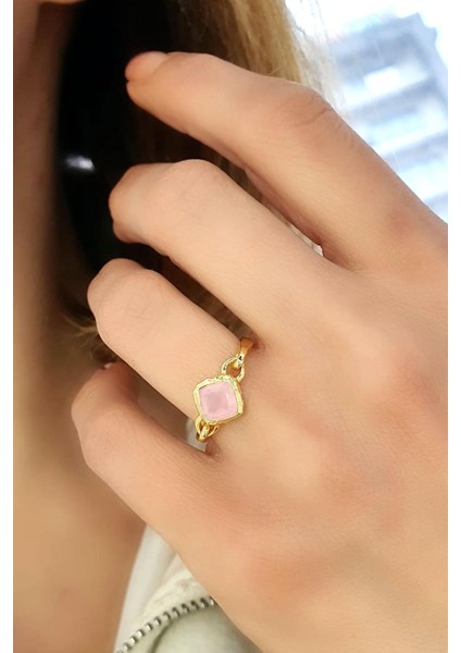 Pembe Kuvars Taşlı 925AYAR Gümüş Üzerine Altın Kaplama Doğal Taş Yüzük