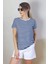 Kadın Lacivert Beyaz Çizgili Basic T-Shirt 1